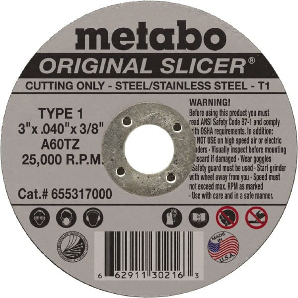 Cut-Off Wheel: Type 1, 3″ Dia, 3/8″ Hole, Aluminum Oxide 60 Grit, 25000 Max RPM