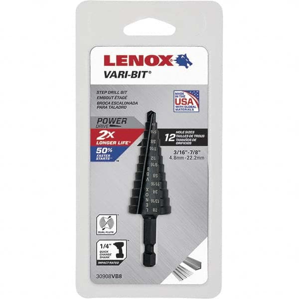 Lenox - 12 Hole Sizes, 3/16 to 7/8" Hole Diam High Speed Steel Split Point Step Drill Bit - All Tool & Supply