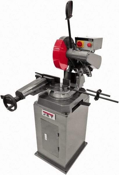 Jet - 11-1/2" Blade Diam, Straight/Miter Chop & Cut-Off Saw - 3 Phase, 3,450 RPM, 5 hp, 230/460 Volts, 4" Capacity in Pipe at 90°, 3-1/2" Capacity in Solids at 45° - All Tool & Supply