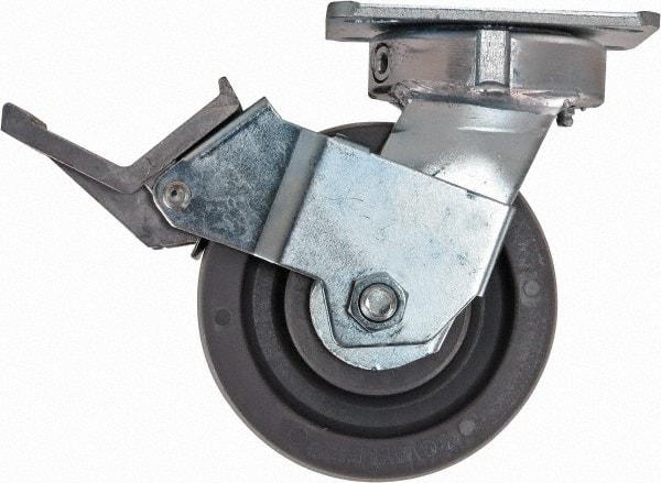 Caster Connection - 5" Diam x 2" Wide x 6-1/2" OAH Top Plate Mount Swivel Caster with Brake - Nylon, 1,250 Lb Capacity, Sealed Precision Ball Bearing, 4 x 4-1/2" Plate - All Tool & Supply