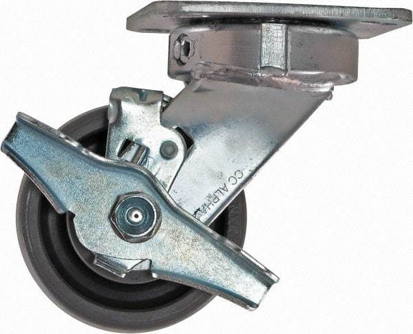 Caster Connection - 4" Diam x 2" Wide x 5-5/8" OAH Top Plate Mount Swivel Caster with Brake - Nylon, 1,000 Lb Capacity, Sealed Precision Ball Bearing, 4 x 4-1/2" Plate - All Tool & Supply