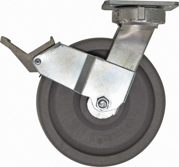 Caster Connection - 8" Diam x 2" Wide x 10-1/8" OAH Top Plate Mount Swivel Caster with Brake - Nylon, 2,000 Lb Capacity, Sealed Precision Ball Bearing, 4 x 4-1/2" Plate - All Tool & Supply