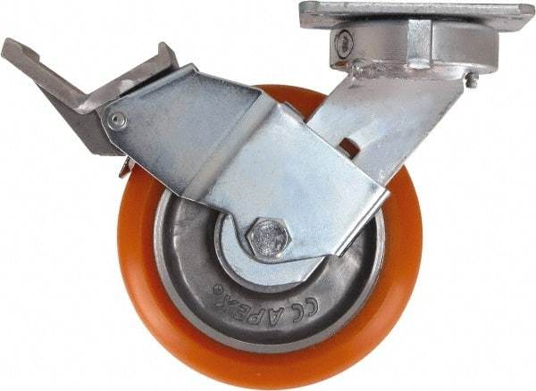 Caster Connection - 6" Diam x 2" Wide x 7-1/2" OAH Top Plate Mount Swivel Caster with Brake - Polyurethane, 1,000 Lb Capacity, Sealed Precision Ball Bearing, 4 x 4-1/2" Plate - All Tool & Supply