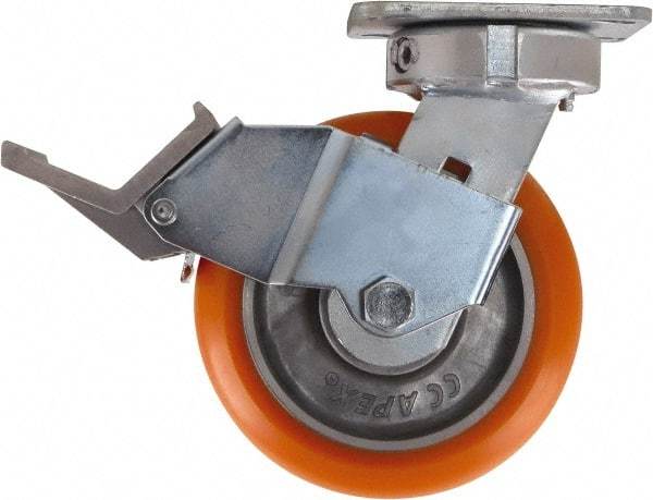 Caster Connection - 6" Diam x 2" Wide x 7-1/2" OAH Top Plate Mount Swivel Caster with Brake - Polyurethane, 1,000 Lb Capacity, Sealed Precision Ball Bearing, 4 x 4-1/2" Plate - All Tool & Supply