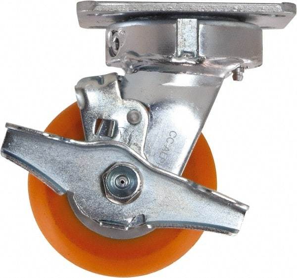 Caster Connection - 4" Diam x 2" Wide x 5-5/8" OAH Top Plate Mount Swivel Caster with Brake - Polyurethane, 700 Lb Capacity, Sealed Precision Ball Bearing, 4 x 4-1/2" Plate - All Tool & Supply