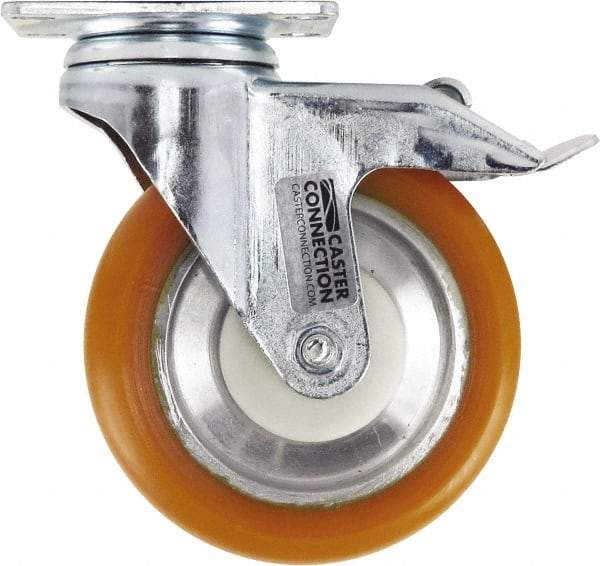 Caster Connection - 5" Diam x 1-1/4" Wide x 6-1/4" OAH Top Plate Mount Swivel Caster with Brake - Polyurethane, 450 Lb Capacity, Sealed Precision Ball Bearing, 2-3/8 x 3-5/8" Plate - All Tool & Supply