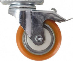 Caster Connection - 4" Diam x 1-1/4" Wide x 5-1/8" OAH Top Plate Mount Swivel Caster with Brake - Polyurethane, 400 Lb Capacity, Sealed Precision Ball Bearing, 2-3/8 x 3-5/8" Plate - All Tool & Supply