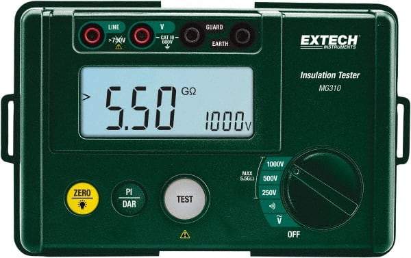 Extech - Digital LCD Display, 0.002 Megohm Electrical Insulation Resistance Tester & Megohmmeter - 1,000 Volt Max Test Voltage, Powered by AA Battery - All Tool & Supply