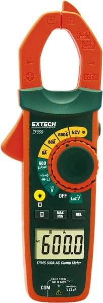 Extech - EX650, CAT III, Digital True RMS Auto Ranging Clamp Meter with 1.18" Clamp On Jaws - 750 VAC, 1000 VDC, 600 AC Amps, Measures Voltage, Capacitance, Continuity, Current, Resistance - All Tool & Supply