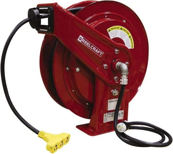 Reelcraft - 12 AWG, 75' Cable Length, Cord & Cable Reel with Triple-Tap Outlet End - 3 Outlets, NEMA 5-15R, 15 Amps, 125 Volts, SEOOW Cable, Red Reel, Spring Driven Reel - All Tool & Supply