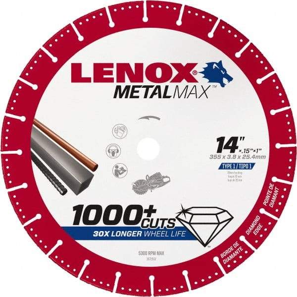 Lenox - 14" 25/30 Grit Diamond Cutoff Wheel - 0.15" Thick, 1" Arbor, 5,300 Max RPM, Use with Gas Powered Saws - All Tool & Supply