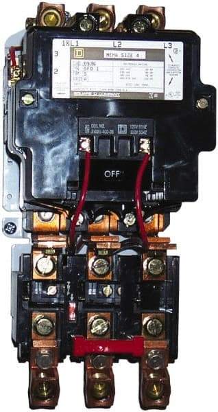 Square D - 440 Coil VAC at 50 Hz, 480 Coil VAC at 60 Hz, 135 Amp, NEMA Size 4, Nonreversible Open Enclosure NEMA Motor Starter - 3 Phase hp: 100 at 460 VAC, 100 at 575 VAC, 40 at 200 VAC, 50 at 230 VAC - All Tool & Supply