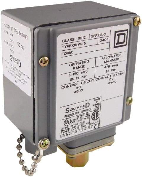 Square D - 4, 13 and 4X NEMA Rated, SPDT, 3 to 150 psi, Electromechanical Pressure and Level Switch - Fixed Pressure, 120 VAC at 6 Amp, 125 VDC at 0.22 Amp, 240 VAC at 3 Amp, 250 VDC at 0.27 Amp, 1/4 Inch Connector, Screw Terminal, For Use with 9012G - All Tool & Supply