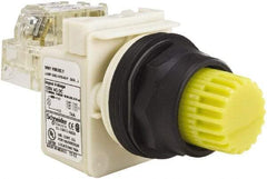 Schneider Electric - 30mm Mount Hole, Extended Straight, Pushbutton Switch with Contact Block - Yellow Pushbutton, Momentary (MO) - All Tool & Supply