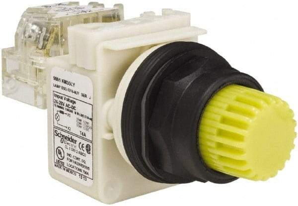 Schneider Electric - 1.22 Inch Mount Hole, Extended Straight, Pushbutton Switch with Contact Block - Round, Yellow Pushbutton, Illuminated, Momentary (MO), Anticorrosive, Dusttight, Oiltight, Watertight and Shock and Vibration Resistant - All Tool & Supply