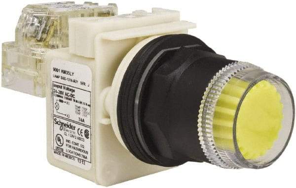 Schneider Electric - 30mm Mount Hole, Extended Straight, Pushbutton Switch with Contact Block - Yellow Pushbutton, Momentary (MO) - All Tool & Supply