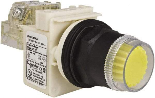 Schneider Electric - 30mm Mount Hole, Extended Straight, Pushbutton Switch with Contact Block - Yellow Pushbutton, Momentary (MO) - All Tool & Supply