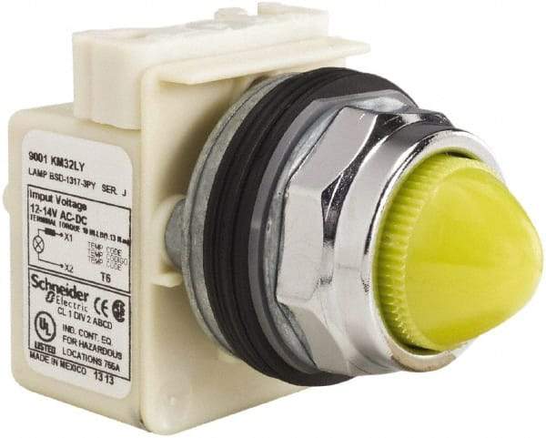 Schneider Electric - 12-14 VAC/VDC Yellow Lens LED Pilot Light - Domed/Round Lens, Screw Clamp Connector, 69.98mm OAL x 54mm Wide, Dust-tight, Oiltight, Shock Resistant, Vibration Resistant, Watertight - All Tool & Supply