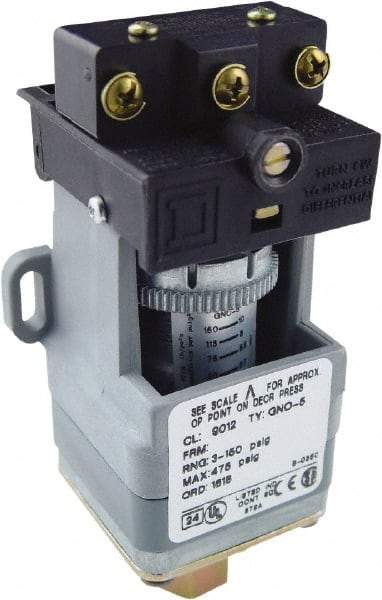 Square D - SPDT, 3 to 150 psi, Electromechanical Pressure and Level Switch - Adjustable Pressure, 120 VAC at 6 Amp, 125 VDC at 0.22 Amp, 240 VAC at 3 Amp, 250 VDC at 0.27 Amp, 1/4 Inch Connector, Screw Terminal, For Use with 9012G - All Tool & Supply