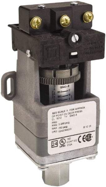 Square D - SPDT, 1.5 to 75 psi, Electromechanical Pressure and Level Switch - Adjustable Pressure, 120 VAC at 6 Amp, 125 VDC at 0.22 Amp, 240 VAC at 3 Amp, 250 VDC at 0.27 Amp, 1/4 Inch Connector, Screw Terminal, For Use with 9012G - All Tool & Supply