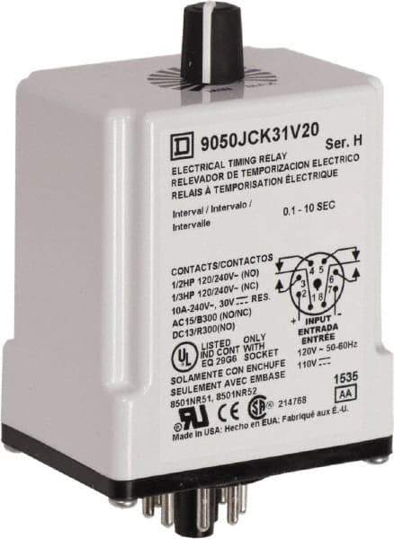 Square D - DPDT Time Delay Relay - 10 Contact Amp, 110 VDC & 120 VAC - All Tool & Supply