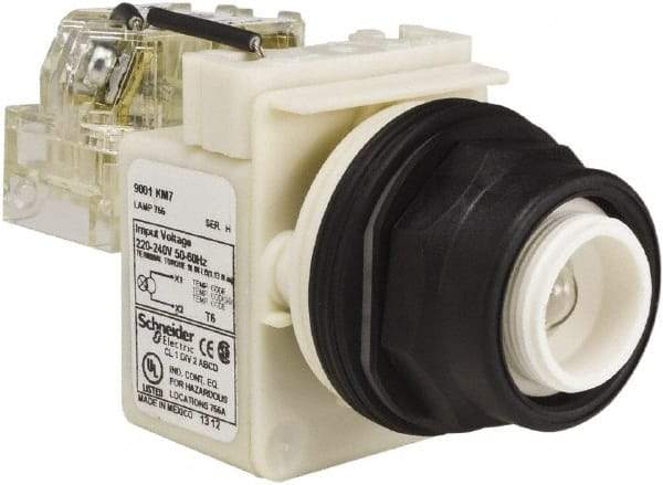 Schneider Electric - 220-240 V Incandescent Press-to-Test Indicating Light - Round Lens, Screw Clamp Connector, 54mm OAL x 42mm Wide, Vibration Resistant - All Tool & Supply