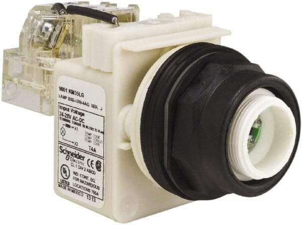 Schneider Electric - 28 V Green Lens LED Pilot Light - Round Lens, Screw Clamp Connector, 54mm OAL x 42mm Wide, Vibration Resistant - All Tool & Supply