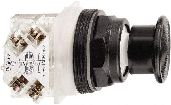 Schneider Electric - 30mm Mount Hole, Extended Mushroom Head, Pushbutton Switch with Contact Block - Round, Black Pushbutton, Maintained (MA) - All Tool & Supply