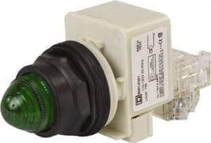 Schneider Electric - 110 VAC at 50/60 Hz via Transformer, 120 VAC at 50/60 Hz via Transformer Green Lens Press-to-Test Indicating Light - Round Lens, Screw Clamp Connector, Corrosion Resistant, Dust Resistant, Oil Resistant - All Tool & Supply