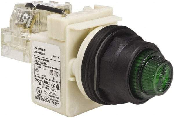 Schneider Electric - 120 V Green Lens Press-to-Test Indicating Light - Round Lens, Screw Clamp Connector, Corrosion Resistant, Dust Resistant, Oil Resistant - All Tool & Supply