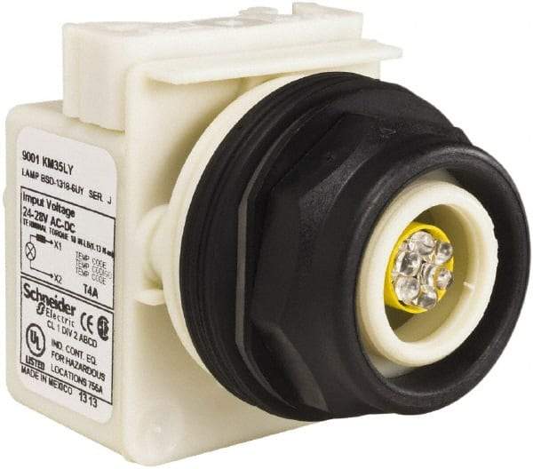 Schneider Electric - 28 V Yellow Lens LED Pilot Light - Round Lens, Screw Clamp Connector, 54mm OAL x 42mm Wide, Vibration Resistant - All Tool & Supply