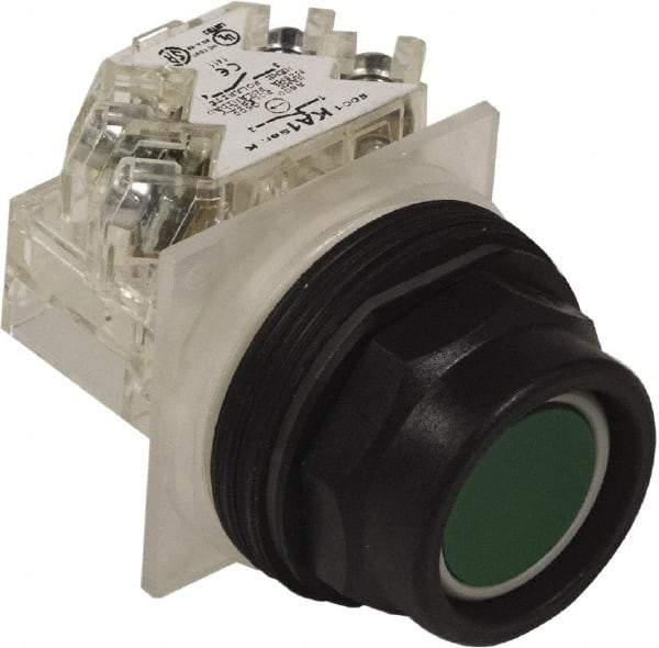 Schneider Electric - 30mm Mount Hole, Extended Straight, Pushbutton Switch with Contact Block - Green Pushbutton, Momentary (MO) - All Tool & Supply