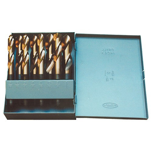 ‎9/16-1 RHS / RHC HSS-CO 8% (M42) 118 Degree Split Point 1/2″ Reduced Shank Cobalt Silver & Deming Drill Set - Straw / Gold Oxide - Exact Industrial Supply