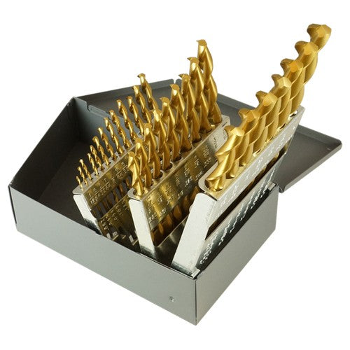 ‎1/16-1/2 RHS / RHC HSS 135 Degree Split Point Deep Hole Parabolic Jobber Length Drill Set - TiN - Exact Industrial Supply