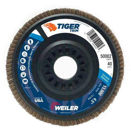 4-1/2″ Tiger Disc Abrasive Flap Disc, Angled, Trimmable Backing, 40Z, 7/8″ Arbor Hole - All Tool & Supply