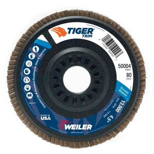 4-1/2″ Tiger Disc Abrasive Flap Disc, Angled, Trimmable Backing, 80Z, 7/8″ Arbor Hole - All Tool & Supply