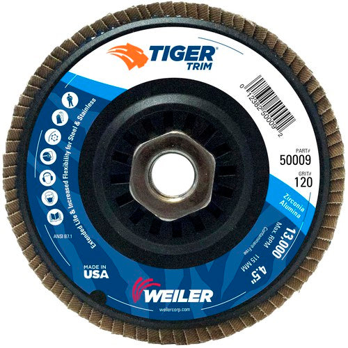 4-1/2″ Tiger Disc Abrasive Flap Disc, Angled, Trimmable Backing, 120Z, 5/8″-11 UNC Nut - All Tool & Supply