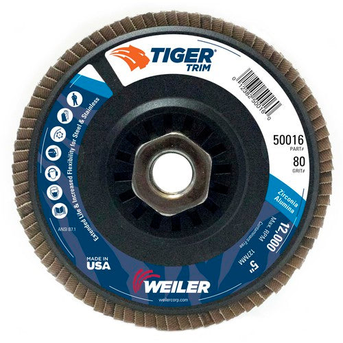 5″ Tiger Disc Abrasive Flap Disc, Angled, Trimmable Backing, 80Z, 5/8″-11 UNC Nut - All Tool & Supply