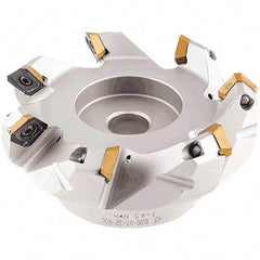 Iscar - 1.87, 1.92, 2.01" Cut Diam, 3/4" Arbor Hole, 2.5mm Max Depth of Cut, 42° Indexable Chamfer & Angle Face Mill - 4 Inserts, OE.. 060405\xB6OEMW 060405-AETN\xB6REMT 1505-LM-76 Insert, Right Hand Cut, 4 Flutes, Through Coolant, Series Heliocto - All Tool & Supply