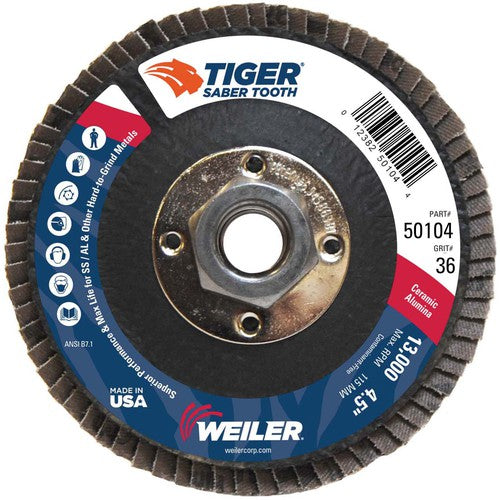 ‎4-1/2″ Saber Tooth Ceramic Abrasive Flap Disc, Angled, Phenolic Back,36C, 5/8″-11 UNC Nut - All Tool & Supply