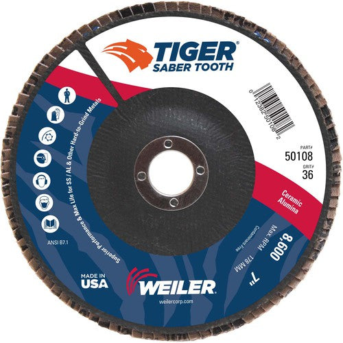 7″ Saber Tooth Ceramic Abrasive Flap Disc, Angled, Phenolic Backing, 36C, 7/8″ Arbor Hole - All Tool & Supply