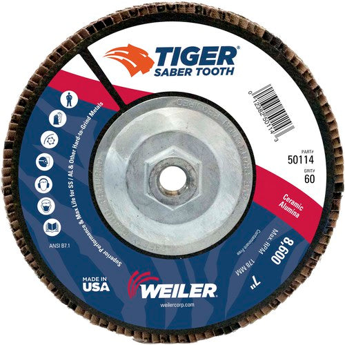 7″ Saber Tooth Ceramic Abrasive Flap Disc, Angled, Phenolic Backing, 60C, 5/8″-11 UNC Nut - All Tool & Supply