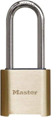 Master Lock - 2" Body Width x 3" Body Height, 2" Shackle Clearance, Brass Finish Combination Lock - 5/16" Shackle Diam, 1" Shackle Width, Set Your Own 4 Digit Combination - All Tool & Supply