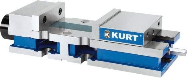 Kurt - 8" Jaw Width, 10-1/4" Jaw Opening Capacity, Horizontal Stationary Machine Vise - Reverse Hydraulic Operation, 1 Station, 27" Long x 6" High x 1" Deep, 6" Jaw Height, 3,200 Lb Max Clamp Force, Ductile Iron - All Tool & Supply