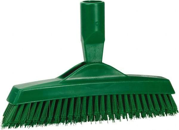 Vikan - 1.6" Bristle Length, Polyester Utility Scrub Brush - 9" Long x 1-1/2" Wide Head, 9-1/4" OAL, European Threaded Handle, Green, Polypropylene Block - All Tool & Supply