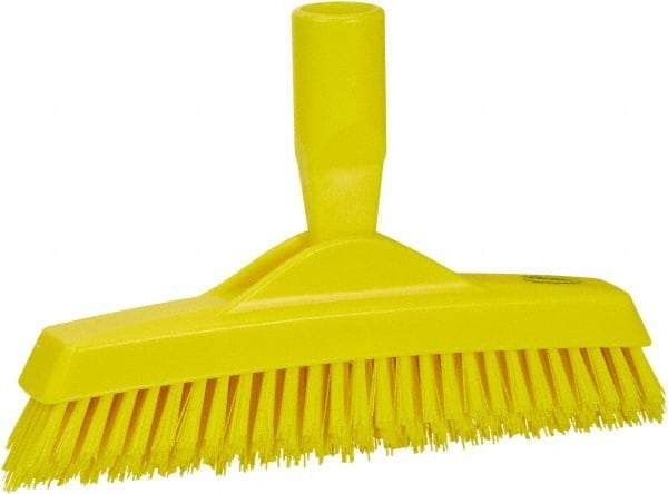 Vikan - 1.6" Bristle Length, Polyester Utility Scrub Brush - 9" Long x 1-1/2" Wide Head, 9-1/4" OAL, European Threaded Handle, Yellow, Polypropylene Block - All Tool & Supply