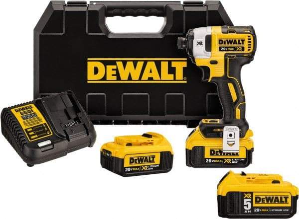 DeWALT - 20 Volt, 1/4" Drive, 20, 125, 152 Ft/Lb Torque, Cordless Impact Driver - 1000, 2800, 3250 RPM, Lithium-Ion Battery Included - All Tool & Supply