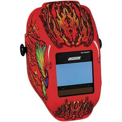 Jackson Safety - 2.36" Window Width x 3.94" Window Height, 9 to 13 Shade Auto-Darkening Lens, Fixed Front Welding Helmet with Digital Controls - Red Flaming Butterfly Design, Nylon - All Tool & Supply