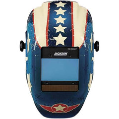 Jackson Safety - 2.36" Window Width x 3.94" Window Height, 9 to 13 Shade Auto-Darkening Lens, Fixed Front Welding Helmet with Digital Controls - Red/White/Blue Stars & Scars Design, Nylon - All Tool & Supply