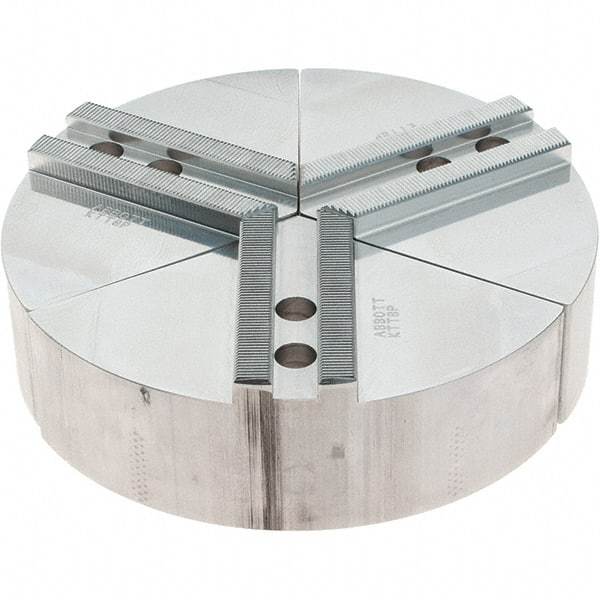 Abbott Workholding Products - 8" Max Chuck Capacity, 1.5mm x 60° Serrated Interface, Round Soft Lathe Chuck Jaw - 3 Jaw, Aluminum, 0.9843" Btw Mount Hole Ctrs, 8" Wide, 2" High, 12mm Fastener - All Tool & Supply